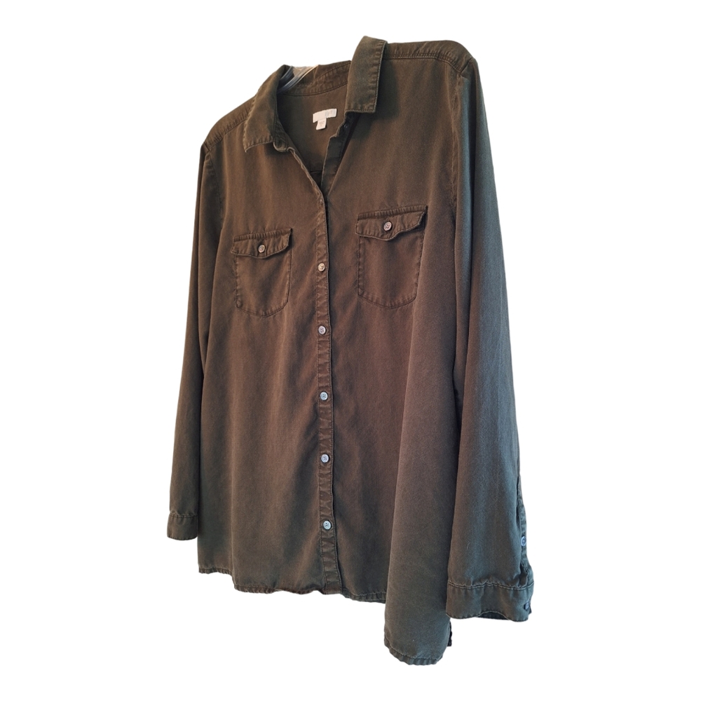 J Jill XL Button Front Tencel Lyocell Shirt Pockets Tunic Blackish Green EUC